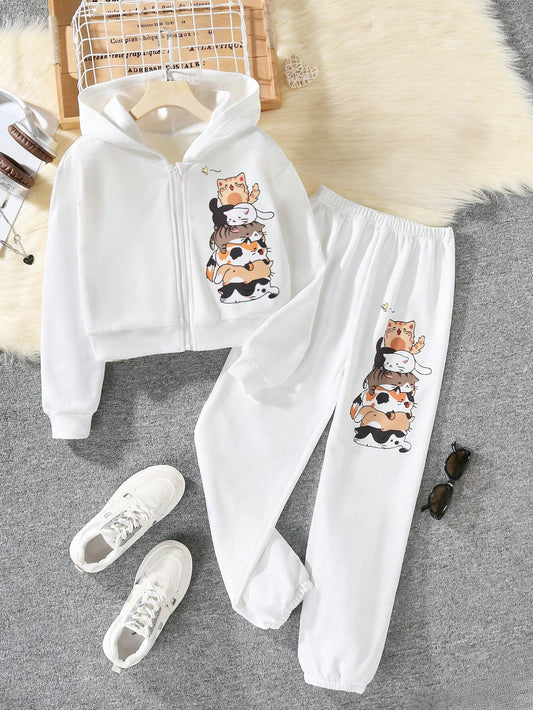 Cute Cat Stack Hoodie & Jogger Set for Girls Wholesale