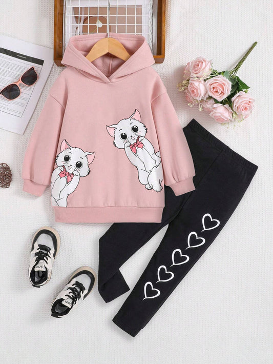 Cute Kitty Hoodie & Heart Print Leggings Set for Girls Wholesale