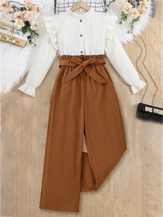 Girls' Ruffled Button-Down Top & Belted Pants Set Wholesale