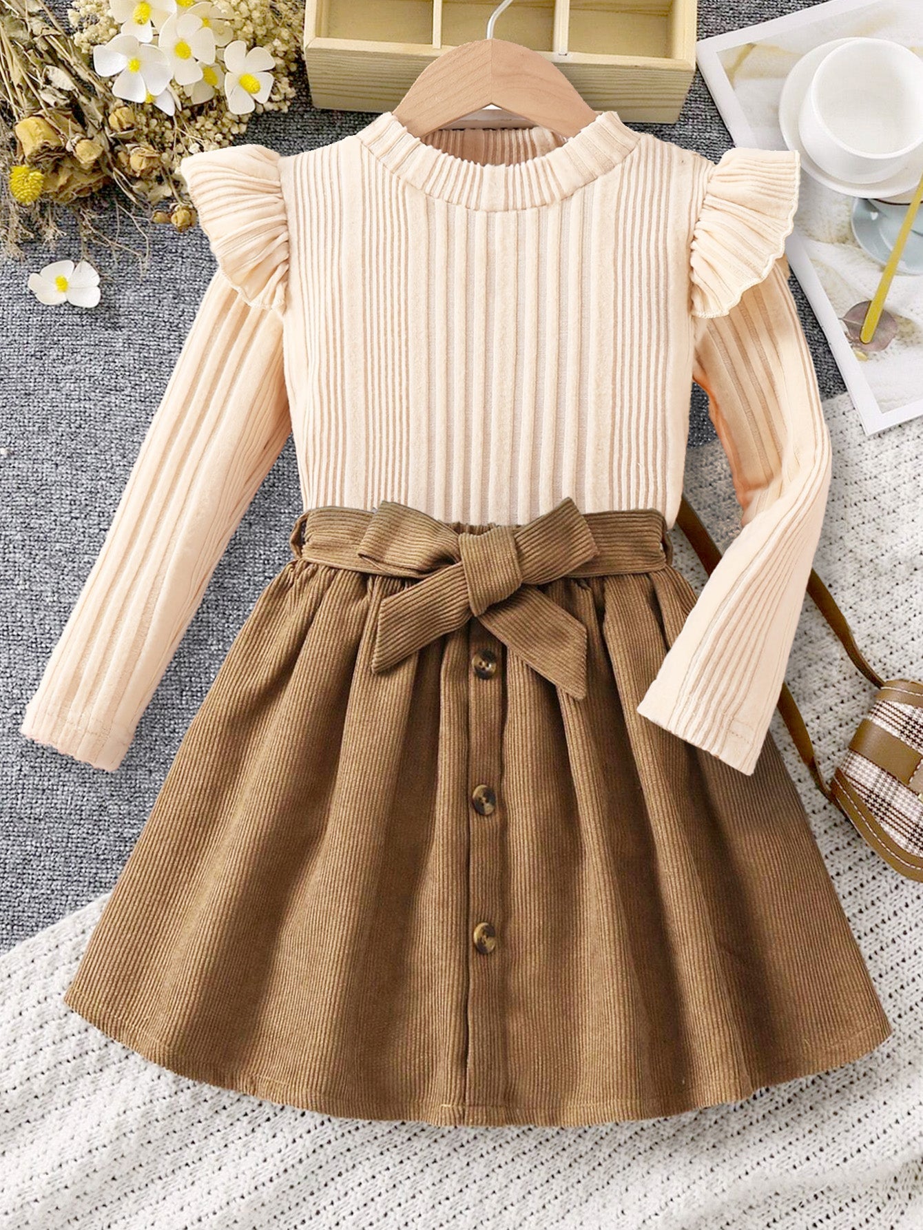 Girls' Ruffled Ribbed Top & Corduroy Skirt Dress with Bow Wholesale