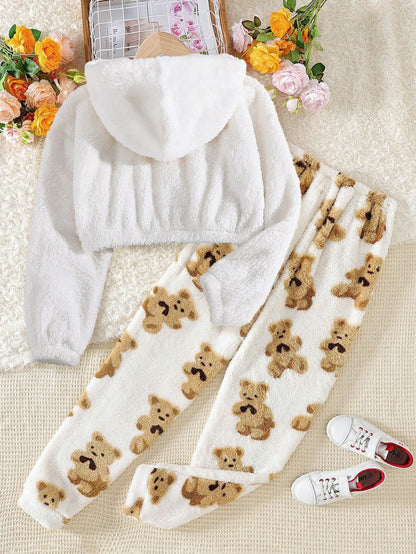 Cozy Girls' Teddy Bear Plush Hoodie and Jogger Set Wholesale