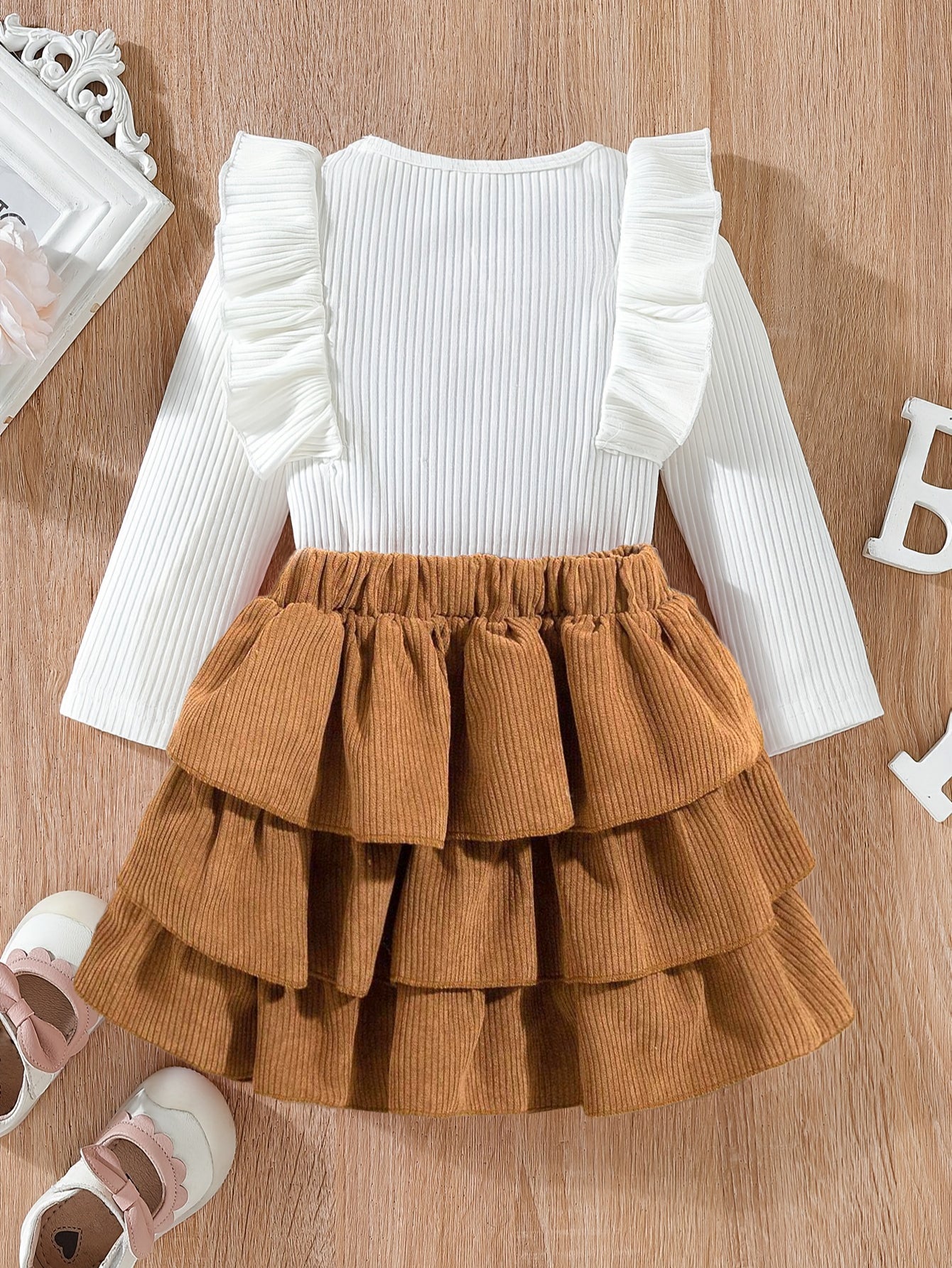 Ruffle Sleeve Ribbed Top & Tiered Corduroy Skirt Set for Girls