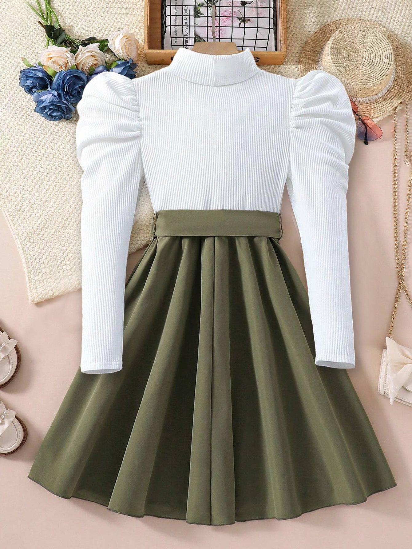 Girls' Puff Sleeve Ribbed Top & Bow-Tied A-Line Dress Set Wholesale