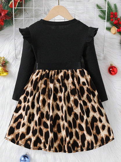 Girl Leopard Print Long Sleeve Dress with Ruffles Wholesale