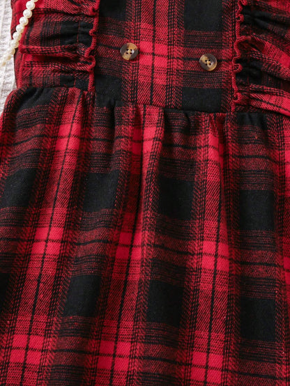 Girls' Red Plaid Ruffle Dress with Black Knit Top Wholesale