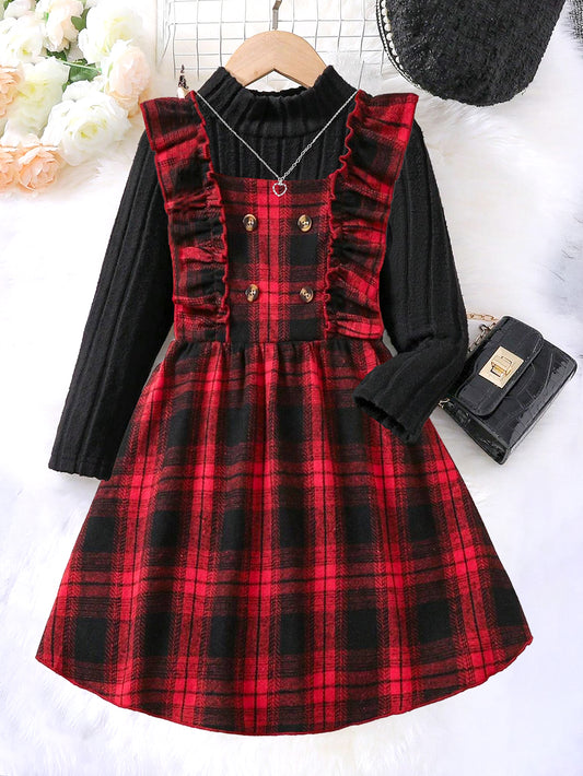 Girls' Red Plaid Ruffle Dress with Black Knit Top Wholesale