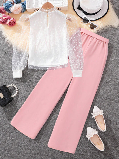 Girls' Sheer Heart Sleeve Blouse & High-Waisted Wide-Leg Pants Set Wholesale