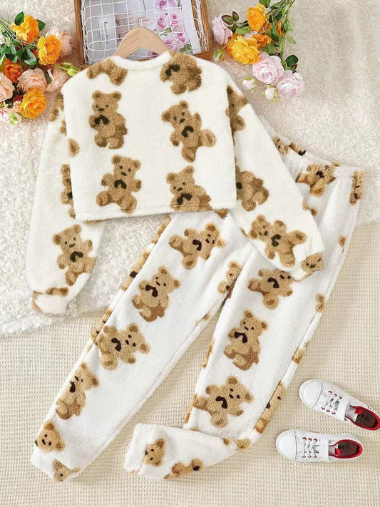 Girls' Cozy Fleece Teddy Bear Print Set Wholesale