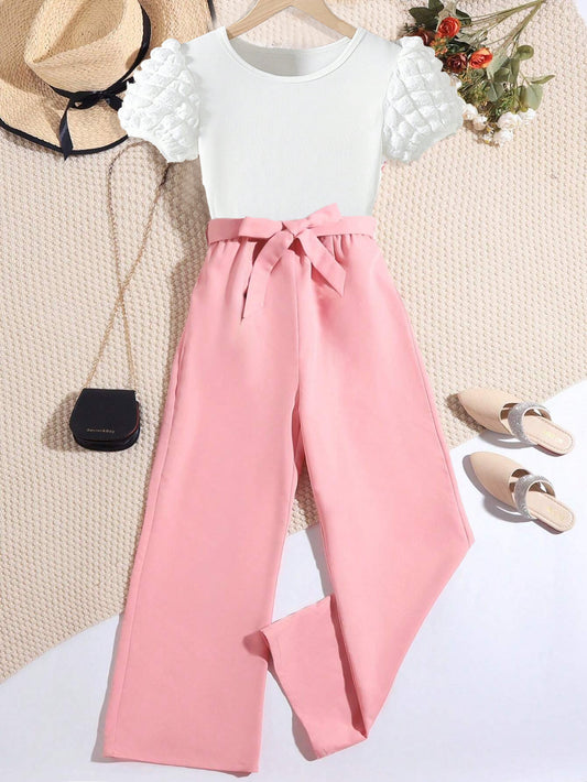 Girls' Puff Sleeve Textured Top & High-Waisted Pink Trousers Set Wholesale