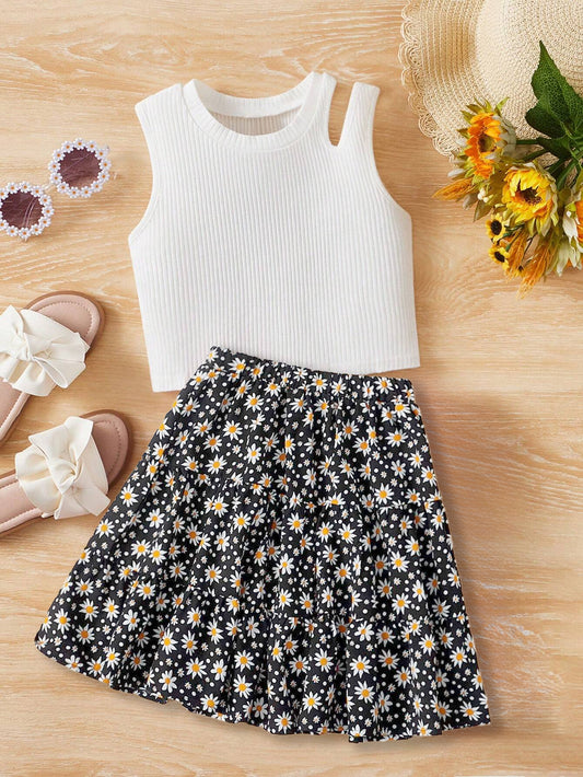 Girls' Daisy Print Skirt with Asymmetric Cutout Tank Top Wholesale