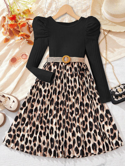 Girls'Puff-Sleeve Top & Leopard Print Skirt Dress Wholesale