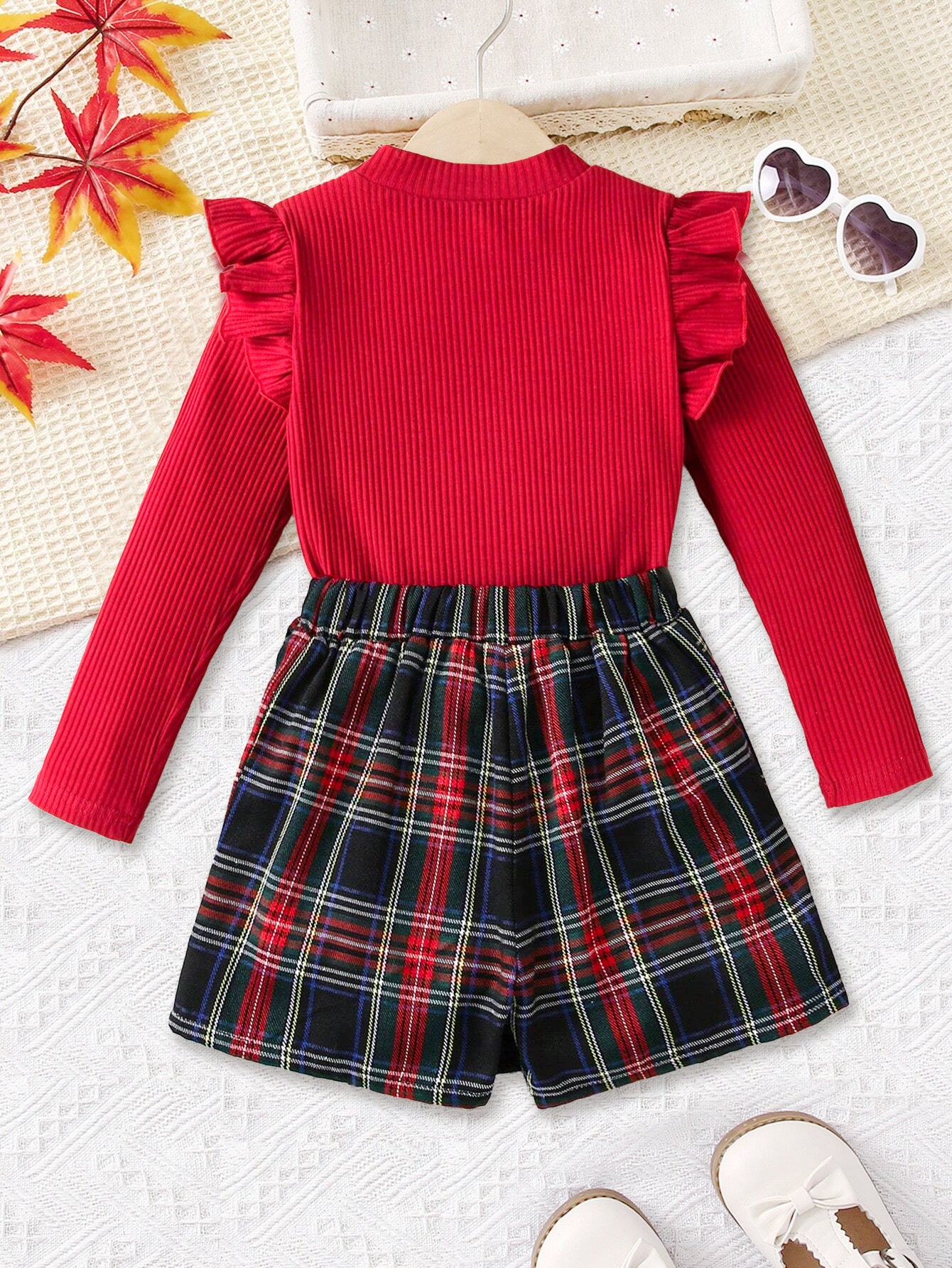 Girls' Red Ruffle Sleeve Plaid Dress Wholesale