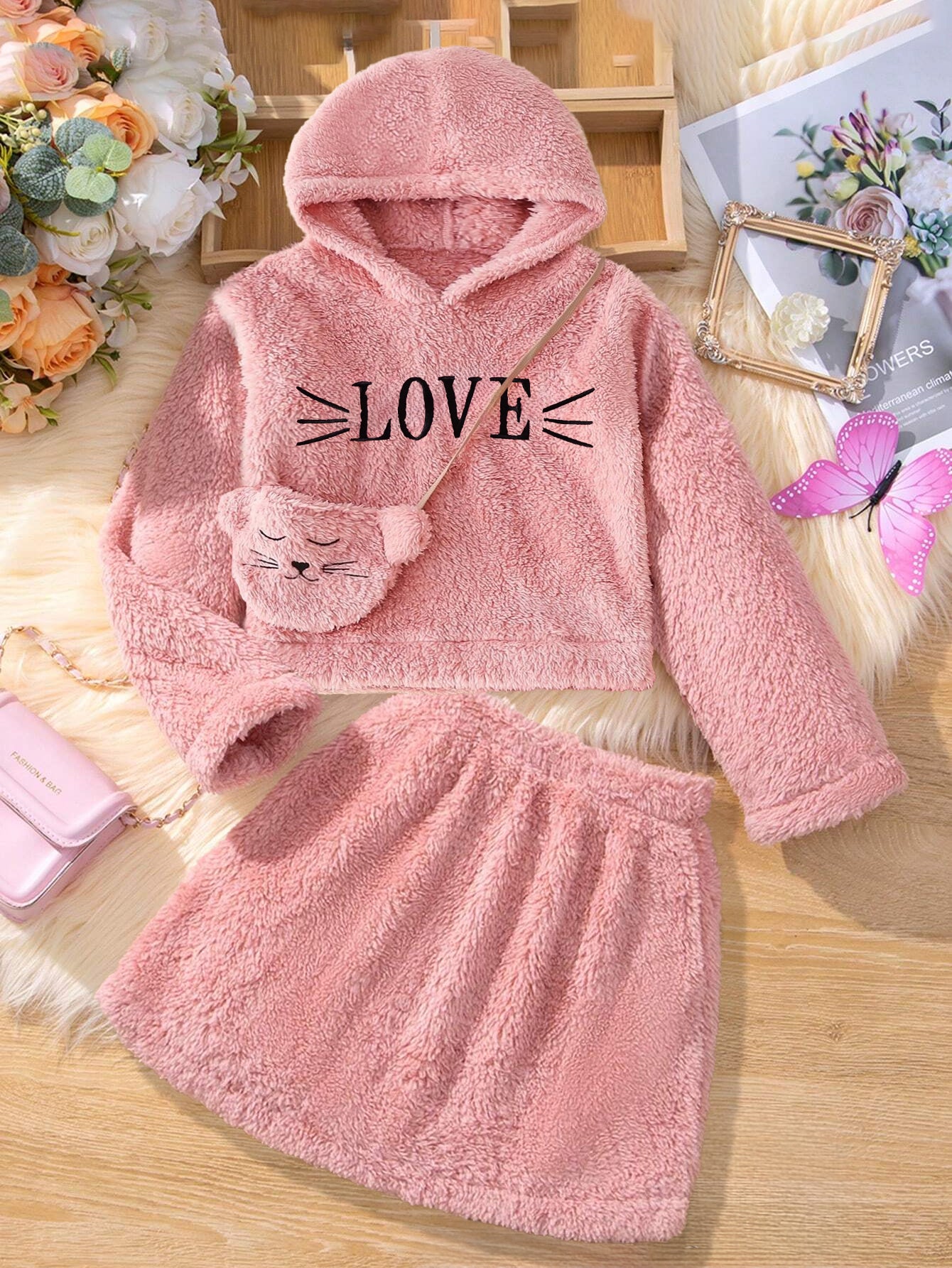 Fleece Hoodie & Skirt Set with Cute Cat Bag for Girls Wholesale