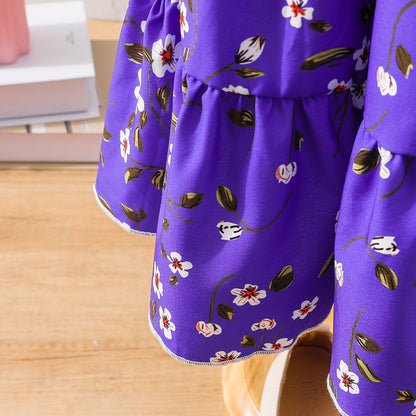 Girls' Purple Floral Tiered Long-Sleeve Maxi Dress Wholesale