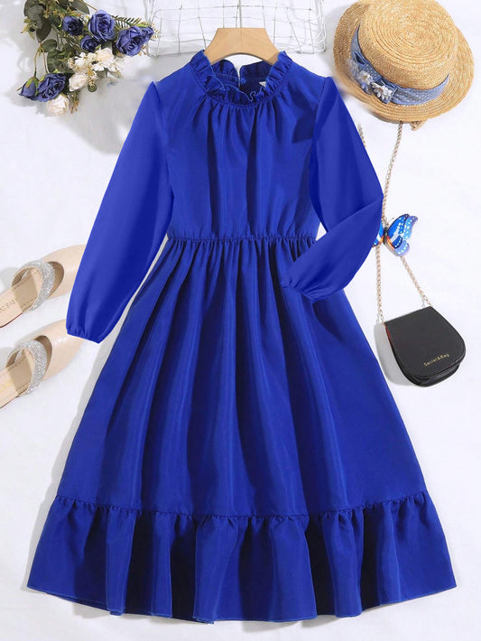 Girls' Royal Blue Long-Sleeve Midi Dress Wholesale