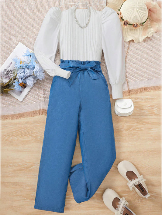 Girls' Puff Sleeve Ribbed Top & High-Waisted Belted Pants Set Wholesale