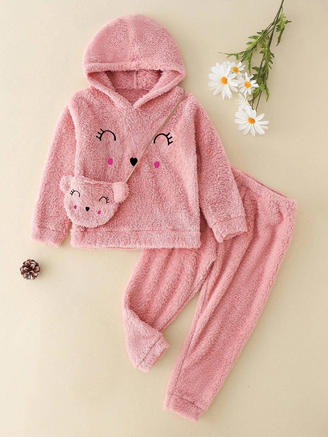 Cozy Pink Fleece Hoodie & Jogger Set with Matching Crossbody Bag for Girls Wholesale