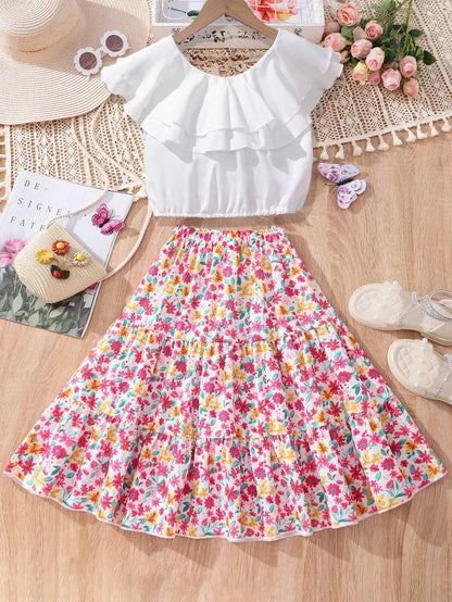 Girls' Ruffled Off-Shoulder Top & Floral Tiered Skirt Set Wholesale