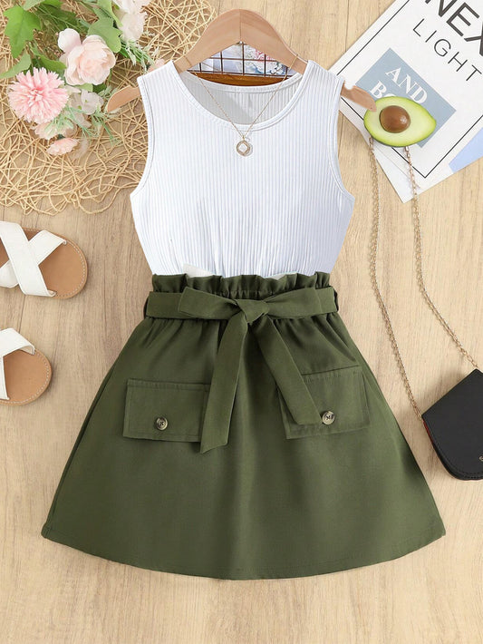 Girls' Sleeveless Top & High-Waisted Skirt Set Wholesale