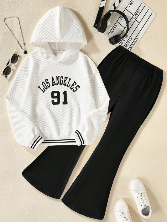 Los Angeles Graphic Hoodie & Flared Pants Set for Girls