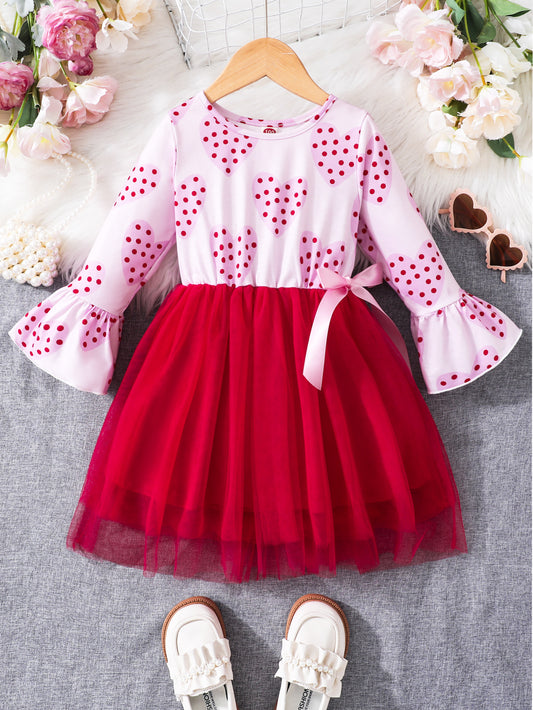 Girls' Heart Print Bell Sleeve Dress Wholesale