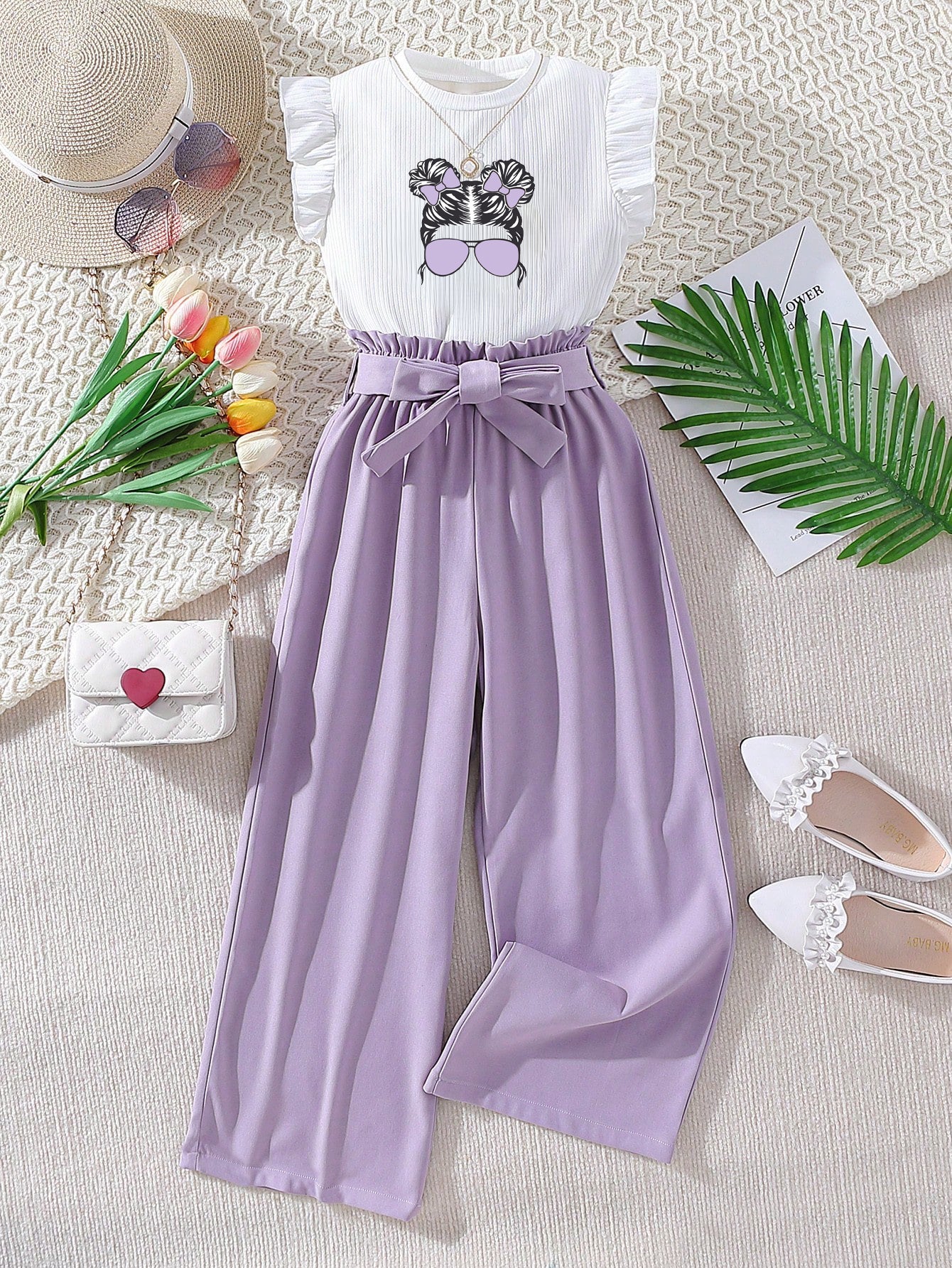 Girls' Ruffle Sleeve Top & High-Waisted Lilac Trousers Set Wholesale