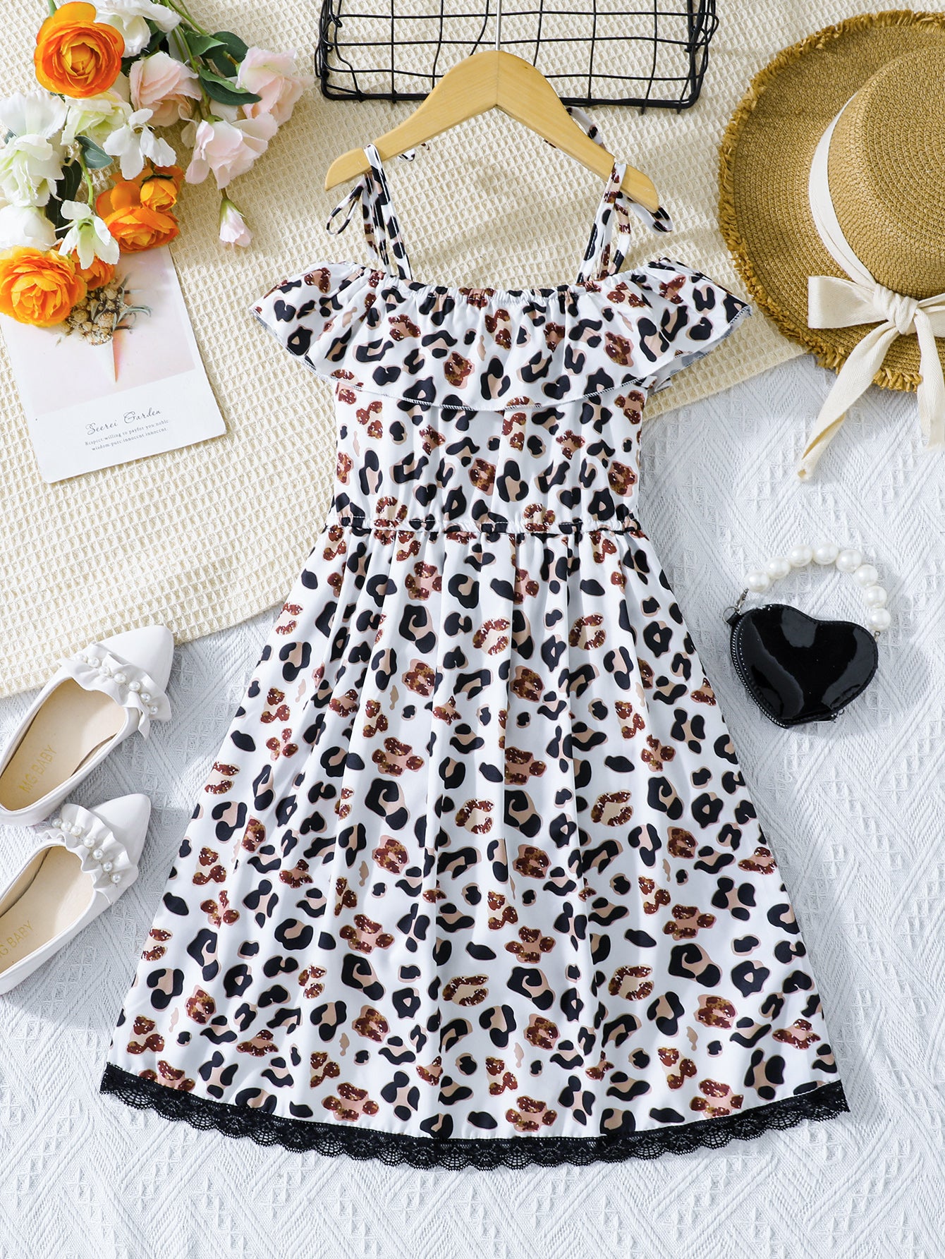 Leopard Print High-Low Off-Shoulder Girls' Dress