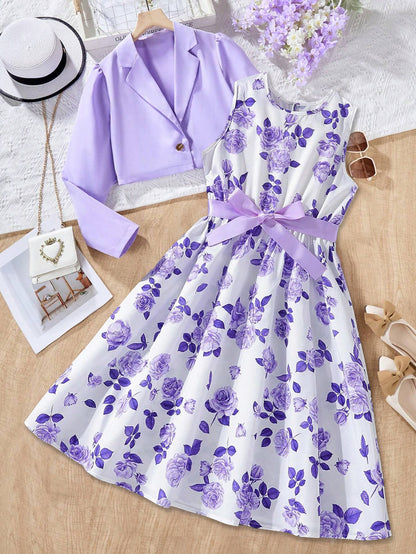 Girls' Floral Print Sleeveless Dress with Lavender Blazer Set Wholesale