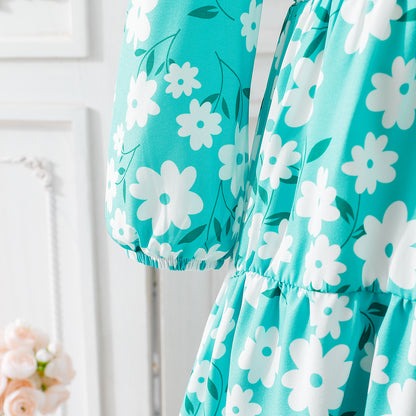 Girls' Turquoise Floral Long-Sleeve Tiered Maxi Dress Wholesale