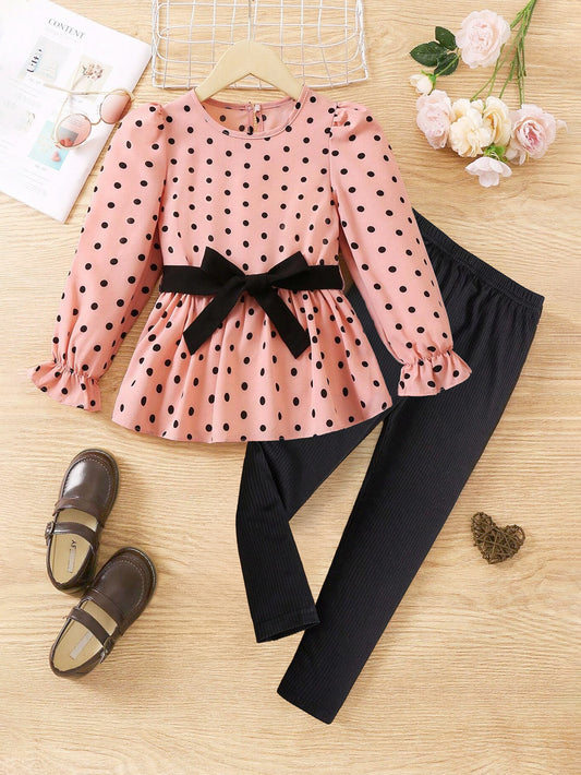 Girls' Polka Dot Peplum Top & Black Leggings Set Wholesale