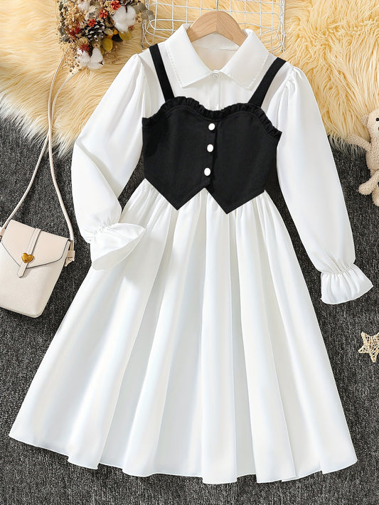 Elegant Girls' White Long-Sleeve Dress with Black Vest Overlay Wholesale