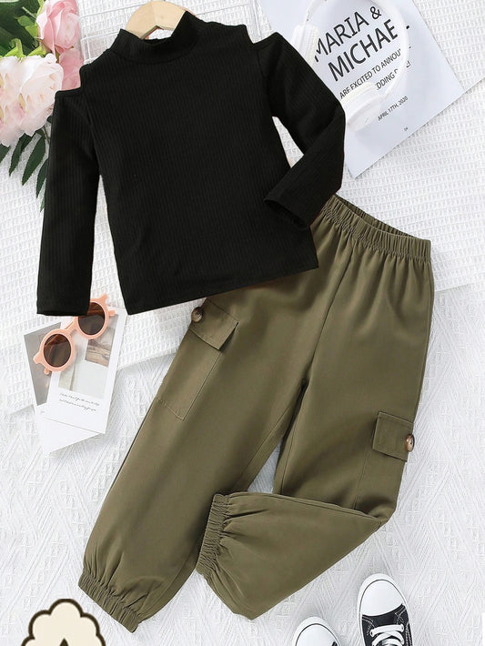 Trendy Kids' Ribbed Top & Olive Green Cargo Jogger Pants Set