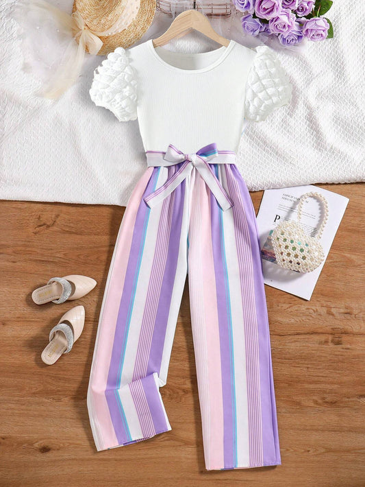 Girls' Striped Puff Sleeve Top and Wide-Leg Pants Set Wholesale