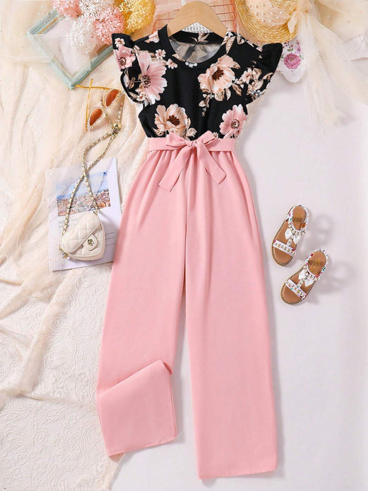 Girls' Floral Ruffle Sleeve Top & High-Waisted Pink Trousers Set Wholesale