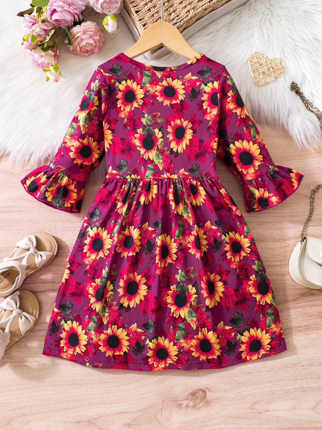 Girls' Sunflower Print Dress with Flared Sleeves Wholesale