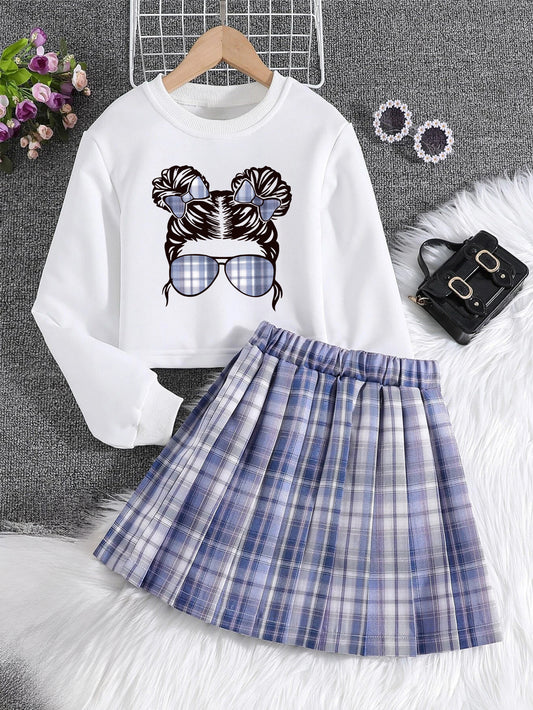 Girls' Cool Graphic Sweatshirt and Plaid Pleated Skirt Set BeiLa Wholesale