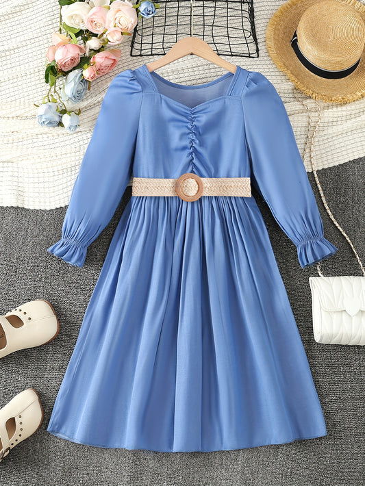 Elegant Girls' Blue Long-Sleeve Dress with Ruched Bodice and Belt Wholesale