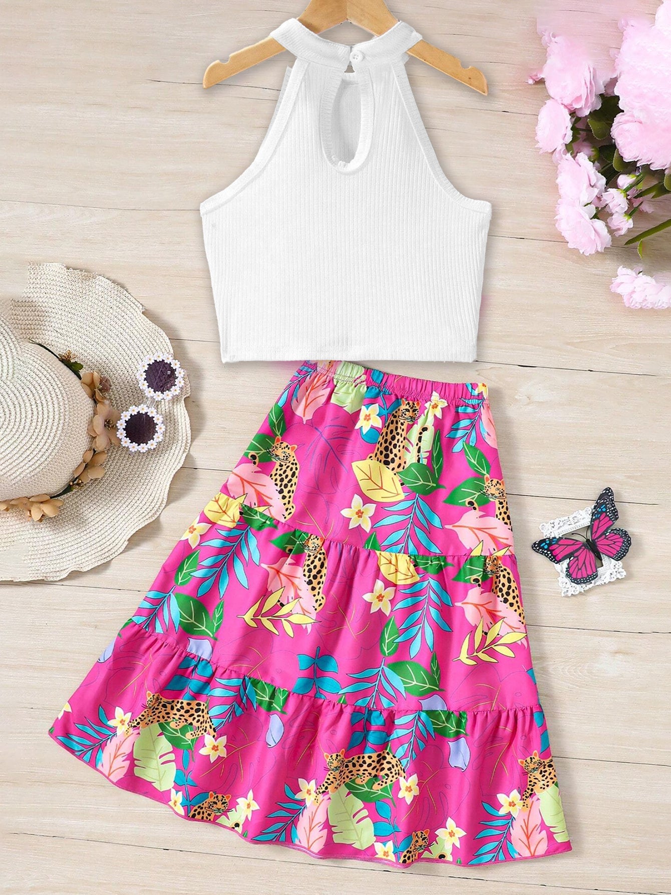 Girls' Sleeveless Top & Vibrant Jungle Print Skirt Set Wholesale