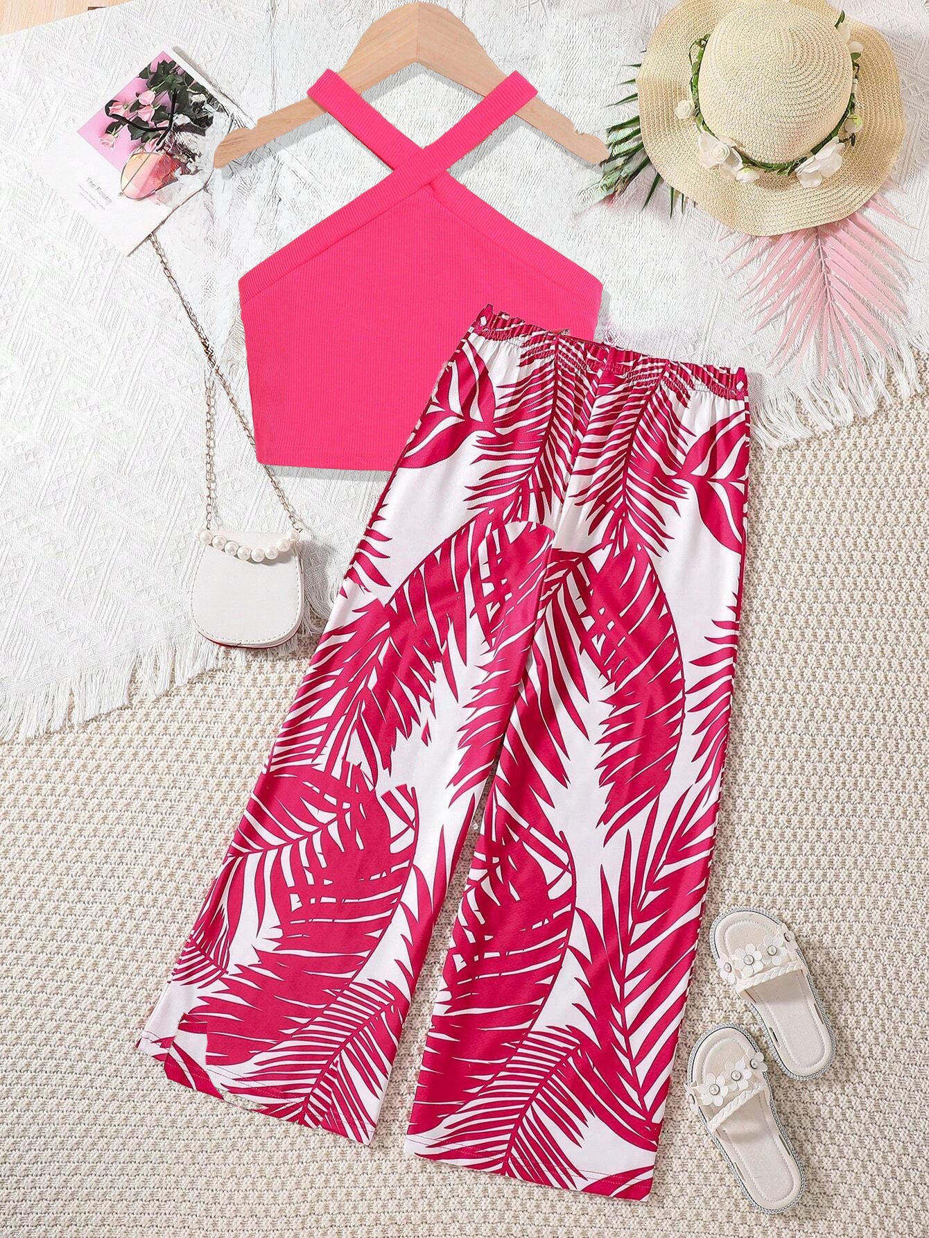 Girls' Hot Pink Halter Top & Tropical Print Pants Set Wholesale