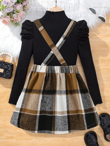 Plaid Suspender Skirt & Puff Sleeve Top Set for Girls