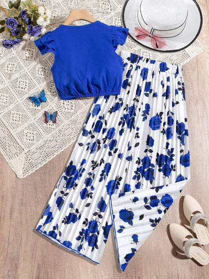 Elegant Blue Floral Two-Piece Set Wholesale