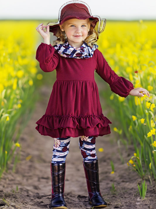 Girls' Burgundy Ruffle Dress with Floral Leggings Wholesale