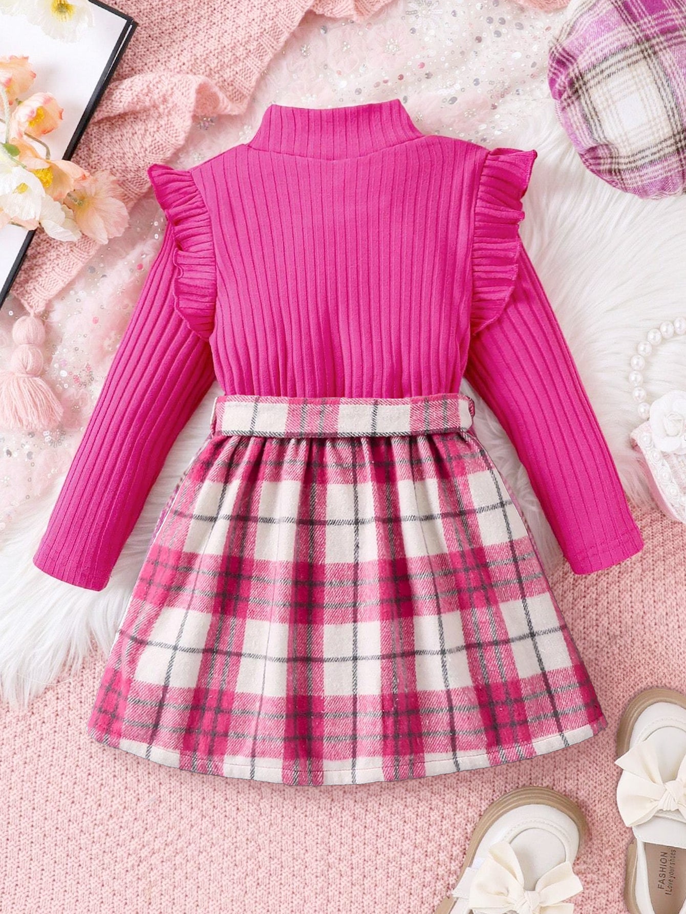 Pink Ruffle Sleeve Ribbed Top & Plaid Buttoned Skirt Set for Girls