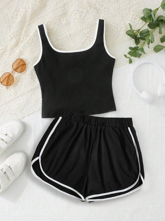 Girls' Athletic Ribbed Tank Top & Sporty Trim Shorts Set Wholesale