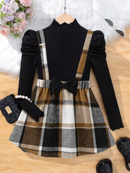 Plaid Suspender Skirt & Puff Sleeve Top Set for Girls