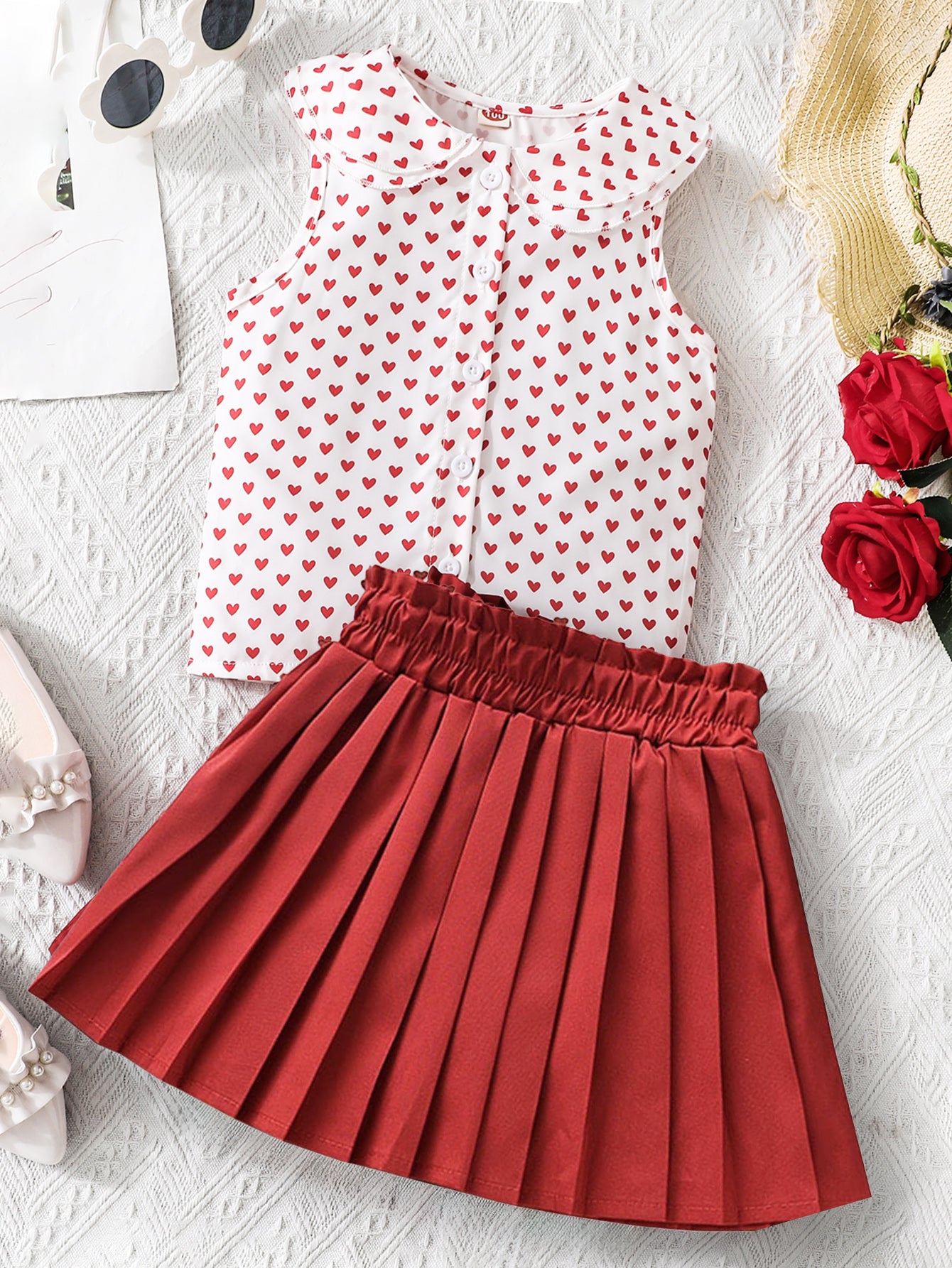 Girls' Pleated Skirt and Heart-Print Blouse Set Wholesale