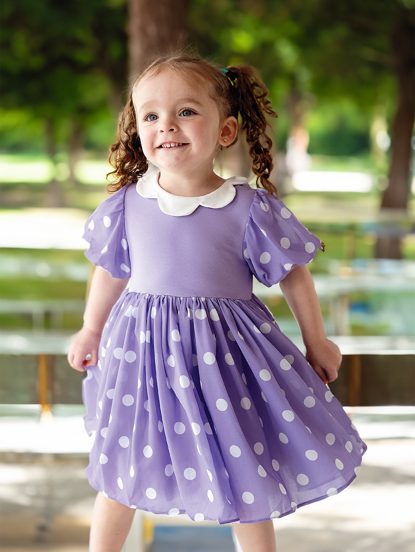 Adorable Lilac Polka Dot Puff Sleeve Dress Wholesale