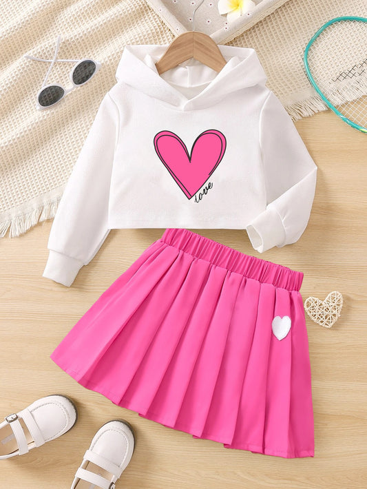 Girls' Pink Heart Hoodie & Pleated Skirt Set Wholesale