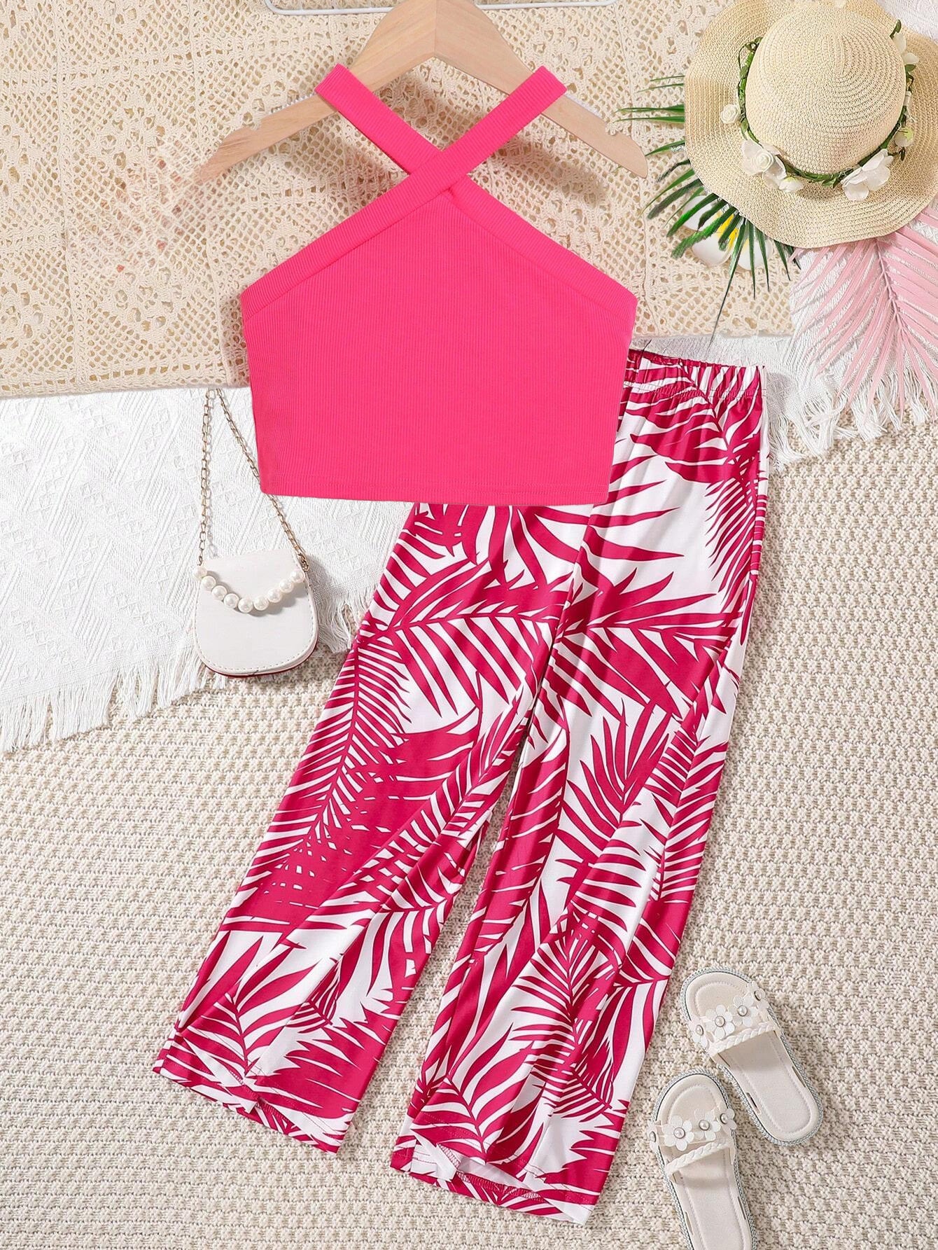 Girls' Hot Pink Halter Top & Tropical Print Pants Set Wholesale