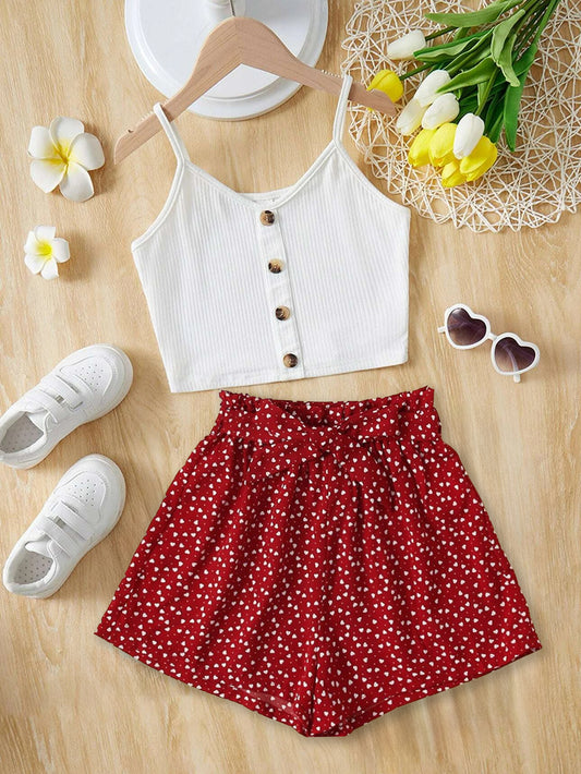 Girls' Button-Down Crop Top and Red Polka Dot Shorts Set Wholesale